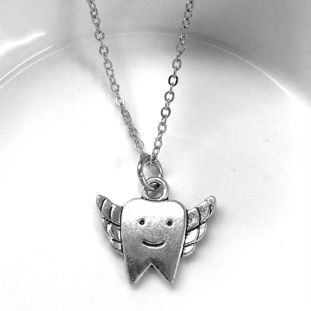 Miniature Cute Tooth with Wings Charm Necklace